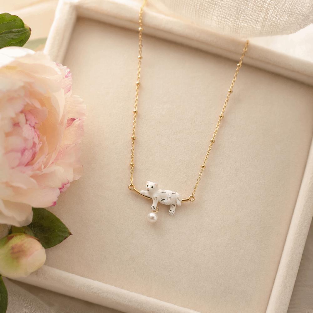 Aesthetic Pearl Pendant Necklace Animal Design Cat Neck Chain Enamel Cat Hoop Earrings Girls