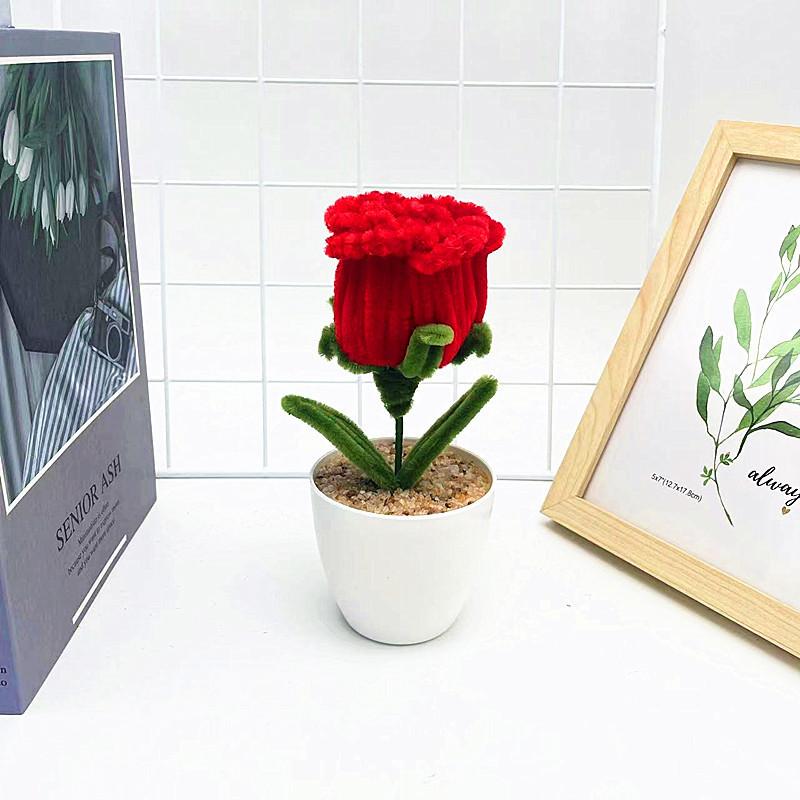 Multi Colored Plush Twisted Rod Rose Potted Desktop Decoration Ornament For Office Decor
