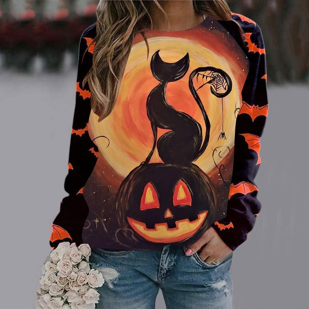Dames avslappet mote Halloween-trykk langermet genser T-skjorte topp