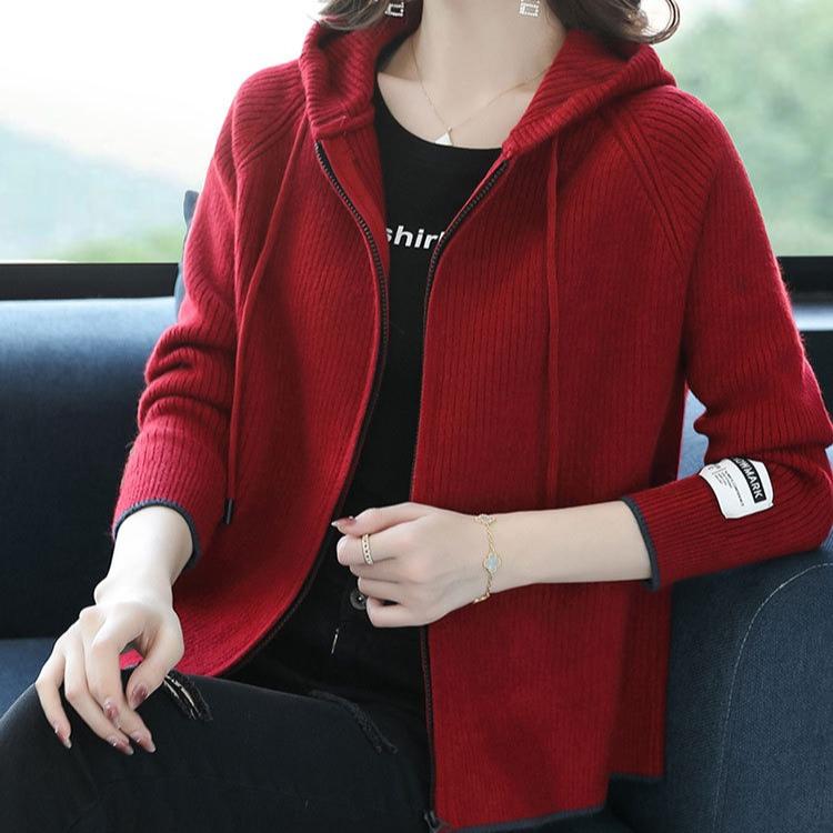Knitted Hoodie Women's Spring and Autumn Solid-color Short Knitted Sweatshirt Hooded Zipper Sweater Cardigan Baseball Jacket