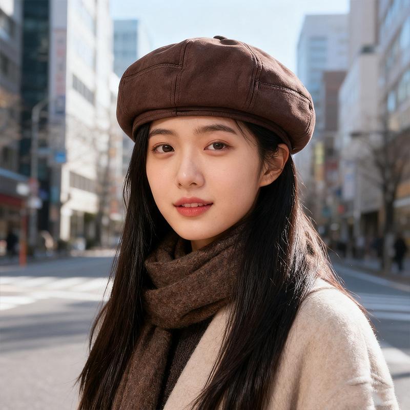 Fashionable Suede Octagonal Hat for Women Autumn and Winter Beret Small Face  Warm  Progressive Hat  Trendy