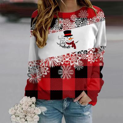 Fall Autumn Women'S Fashion O Neck Long Sleeve T-Shirt Loose Clothes Grid Snowflakes Print T Shirt