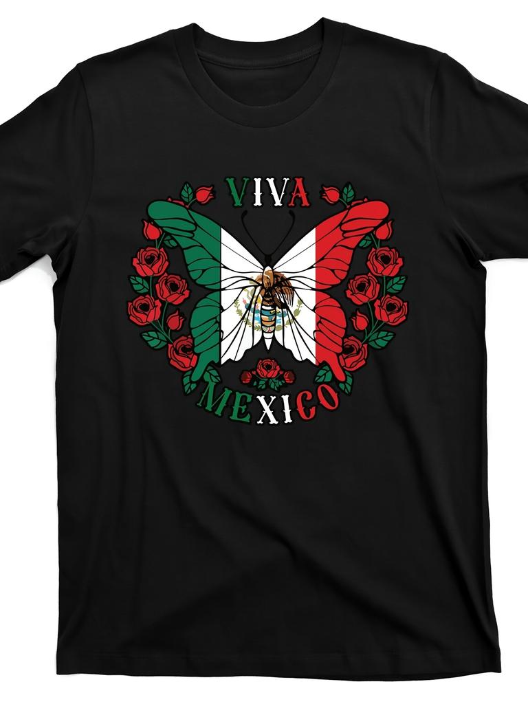 Mexico Butterfly Mexican Flag Graphic Tee Casual Cotton Round Neck Short Sleeve TShirt For Men