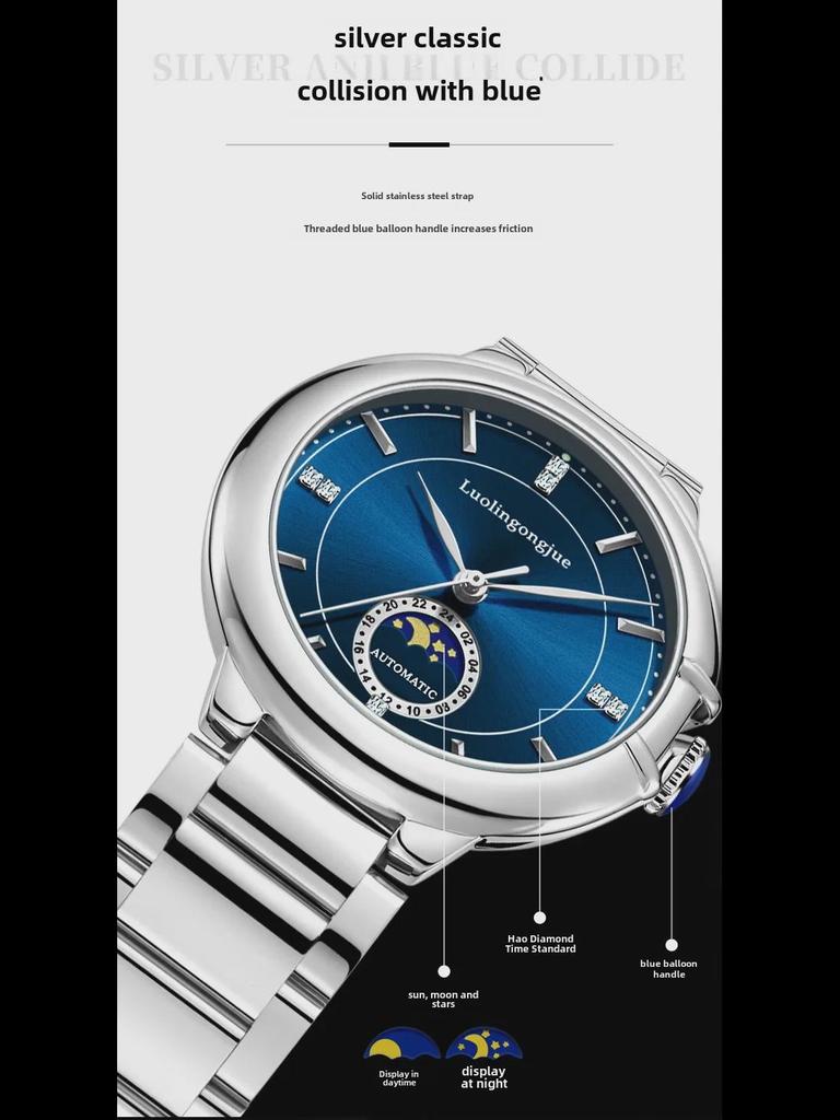 Duke of Lorraine Men's Automatic Watch - Moon Phase, Butterfly Buckle, Leather Strap.