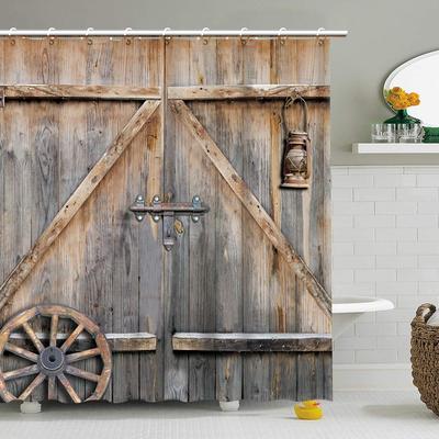 Cortina de Chuveiro Porta de Celeiro Estilo Fazenda - Design de Tábuas de Madeira Rústica 71x71 Polegadas, Decoração de Banheiro Country à Prova d'Água com Ganchos