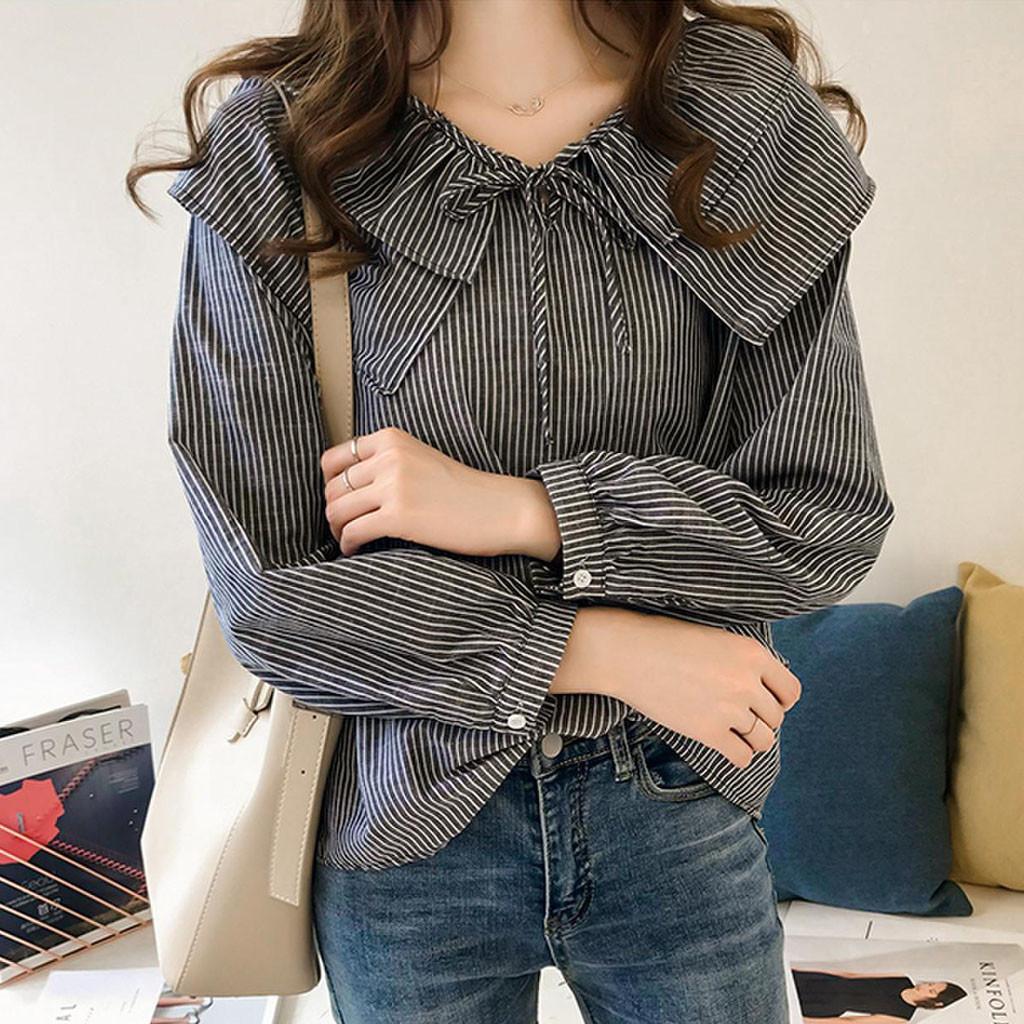 Fashion Women Casual Striped Ladies Long Sleeve Ruffles Loose Tops
