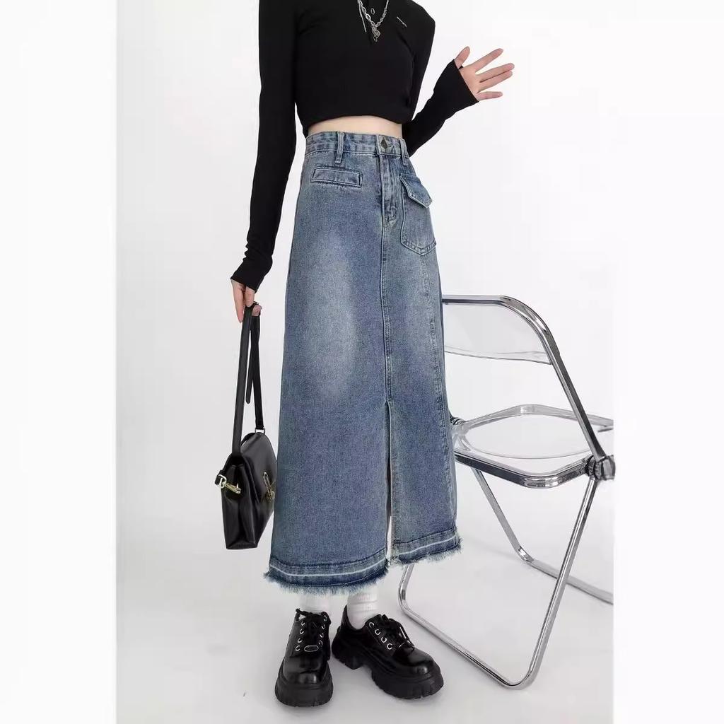 Midi Denim Skirt for Women High Waist Split Korean Style Blue Skirts Spring Summer
