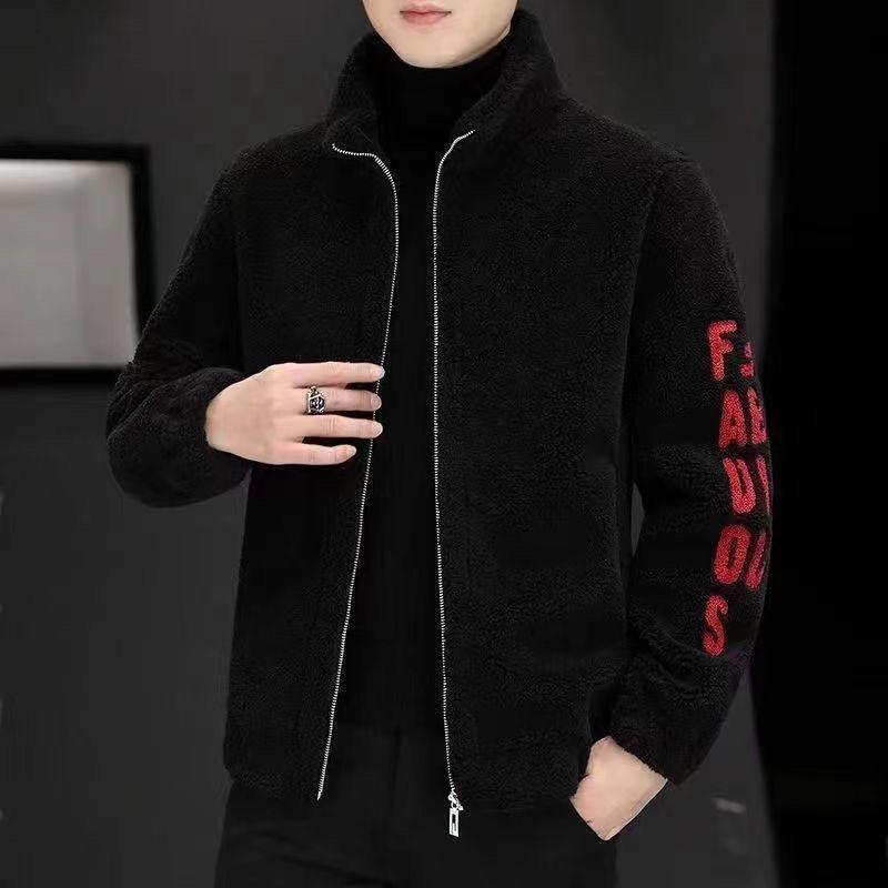 Men s Embroidered Shearling Lambswool Stand Collar Jacket L