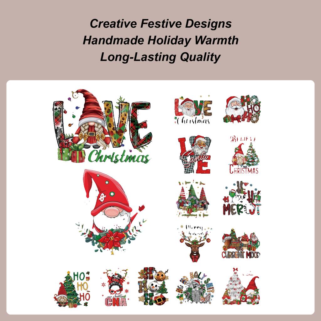 15 Stück Weihnachten Cartoon Wärmeübertragungsaufkleber Weihnachten Thema DTFTransfer Bündel PVC Vinyl Aufbügelaufkleber Patches für T-Shirts