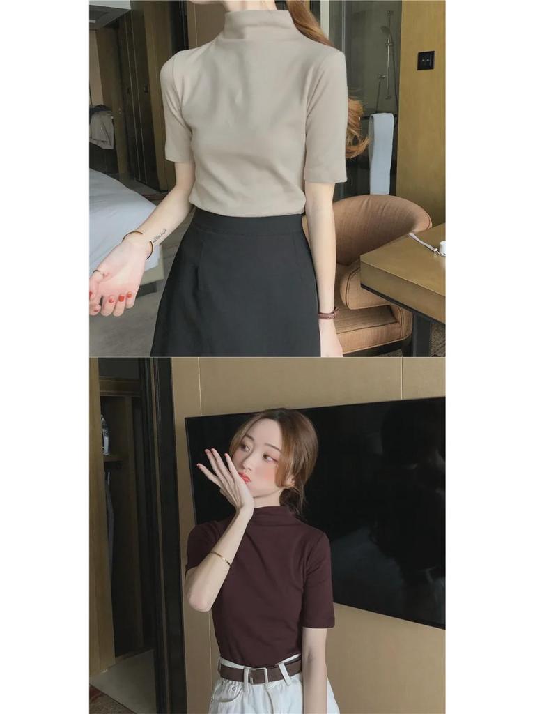 2027 Toma Real: Camiseta de Manga Corta con Cuello Alto Medio Ajustada para Mujer (95 % algodón, 5 % elastano.)