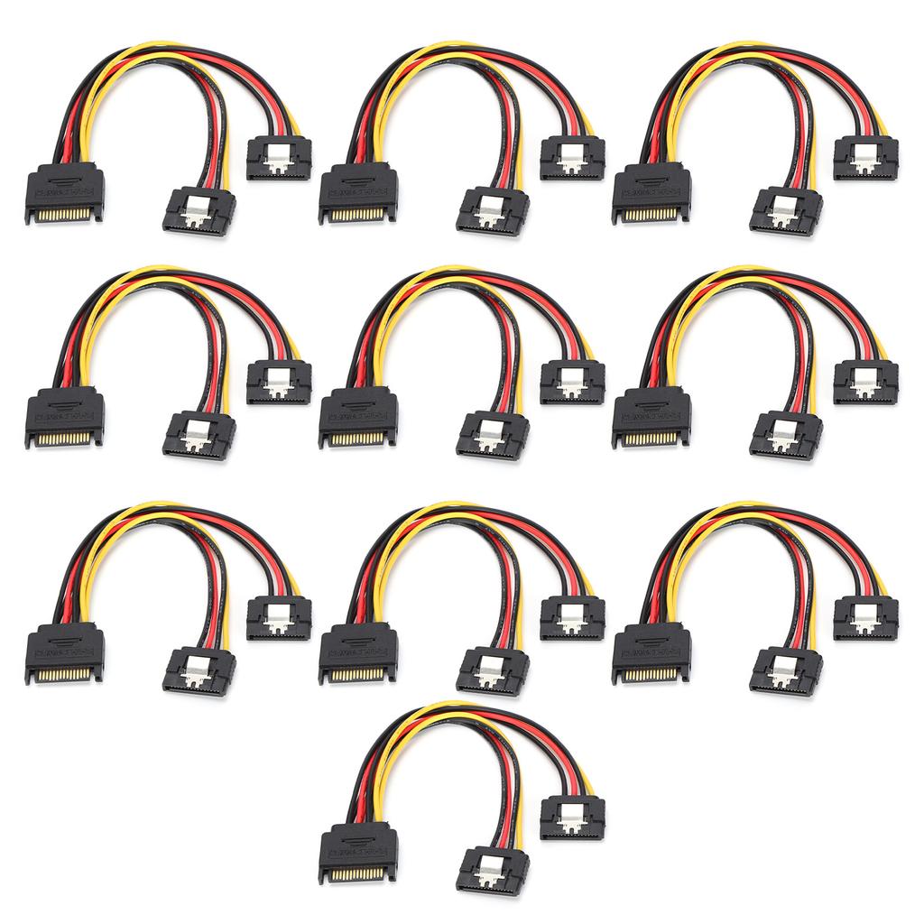 10Pcs SATA Power Adapter 15pin 1 Male to 2 Female Connector Mains Cord for Transfer Data Charge