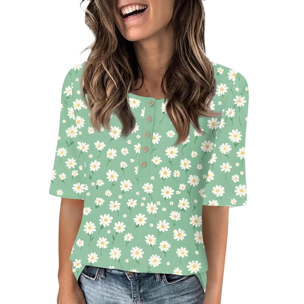 Shirts For Women Trendy Round Neck Button T Shirts Printed  Blouse Half Sleeve Tops For Women