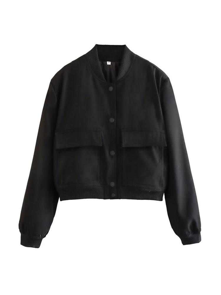 Women Autumn Black Pockets Bomber Jacket Coat Vintage Long Sleeve Front Button Female Outerwear Chic Tops