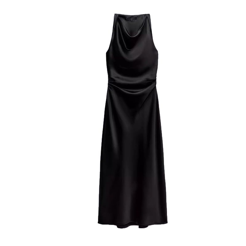 

Spring NEW round Neck Sleeveless Satin Texture Midi Skirt Dress 8372090 2124855 82090 Black M