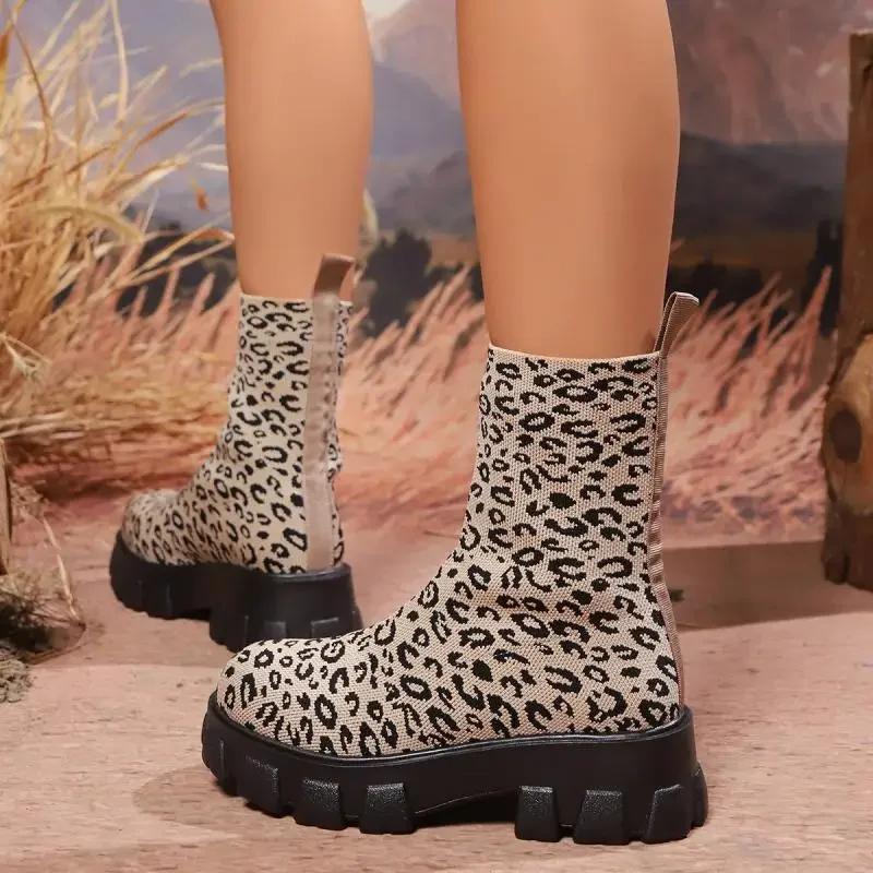 Leopard Thick Bottom Platform Ankle Boots Autumn New Stretch Fabric Non Slip Women Boots Comfort Back Zipper Woman Shoes