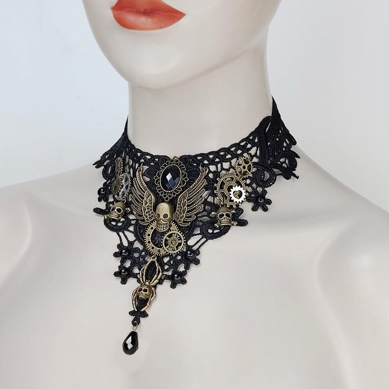 Dark Gothic Punk Skull Lace Necklace