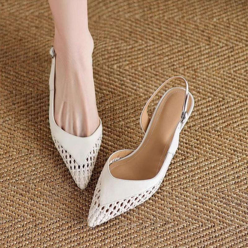 

Stiletto Roman Sandals Summer New Pointed Toe Woven Wrapped Toe Metal One Buckle Back Empty Non-slip Stiletto 35