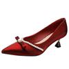 2025 new pointed French high heels thin heel Xiuhe red wedding shoes pearl bow single shoes women's middle heel