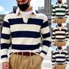 Men's Striped Color Block Long Sleeve Polo Shirt for Autumn/Winter