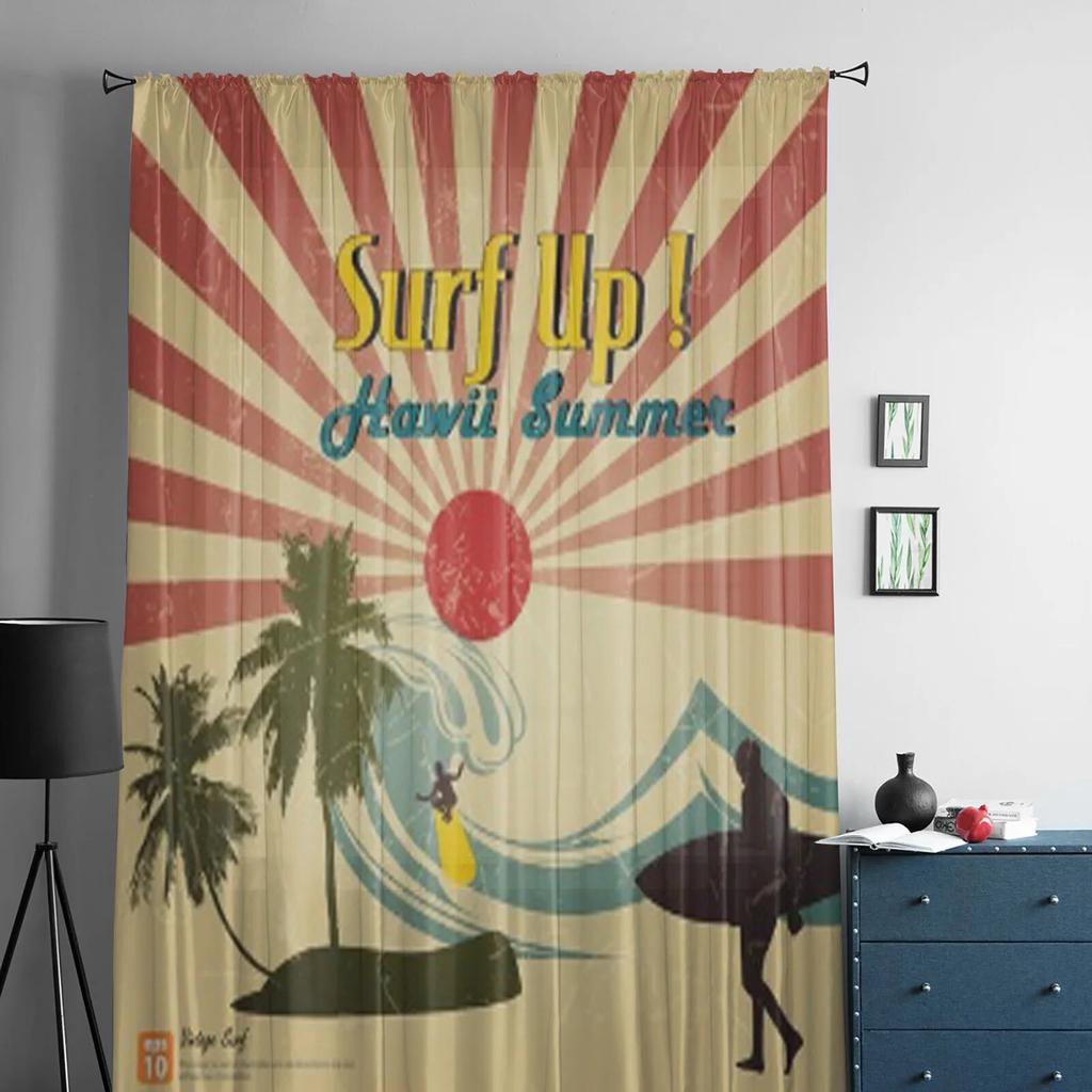New Vintage Card Hawii Beach Sheer Curtain For Living Room Bedroom Voile Curtains For Window Organza Curtains Party Tulle Drapes