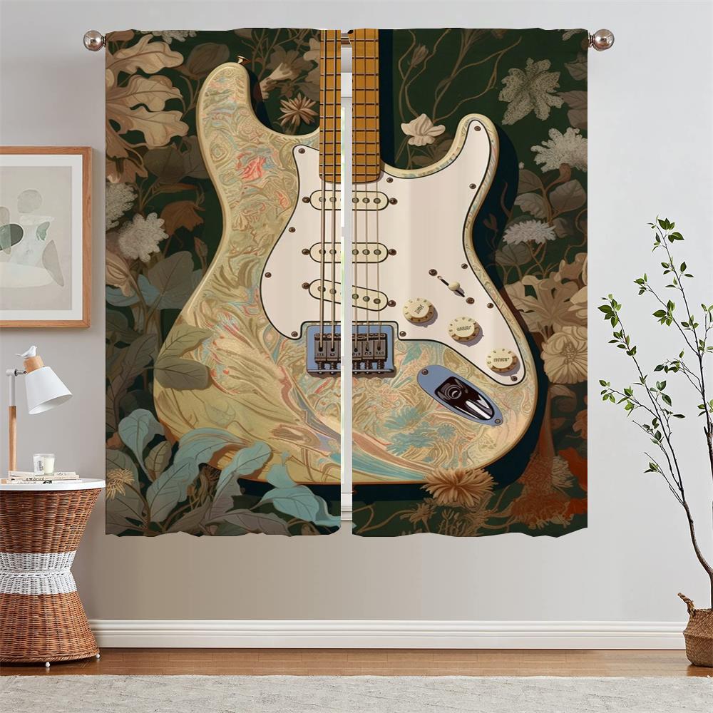 Electric Guitar Illustration Blackout Curtain Tiebacks Blind Kitchen Curtains 2 Pieces Window Curtains Home Living Room Curtain