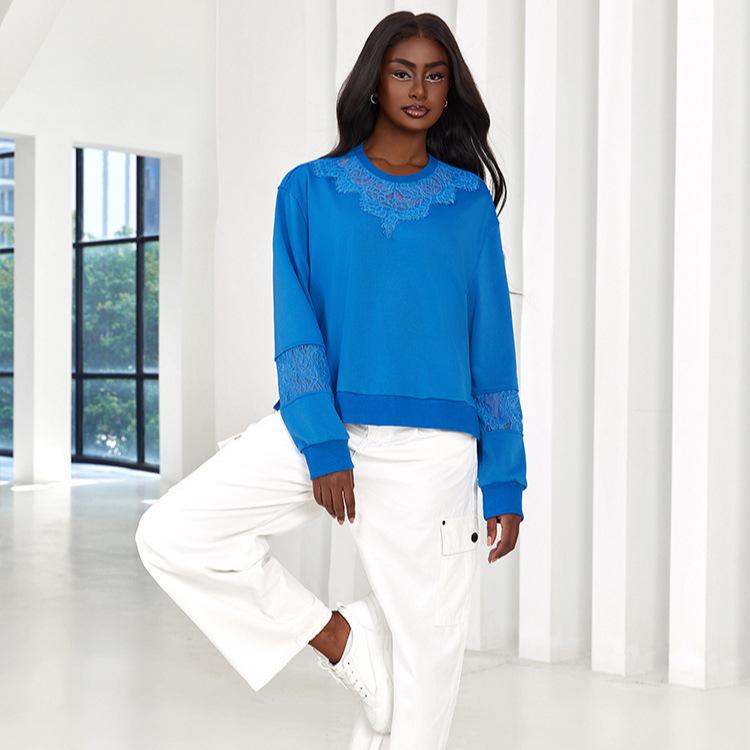 Sweet Cool Lace Trim Cropped Pullover Hoodie Women’s Casual Top