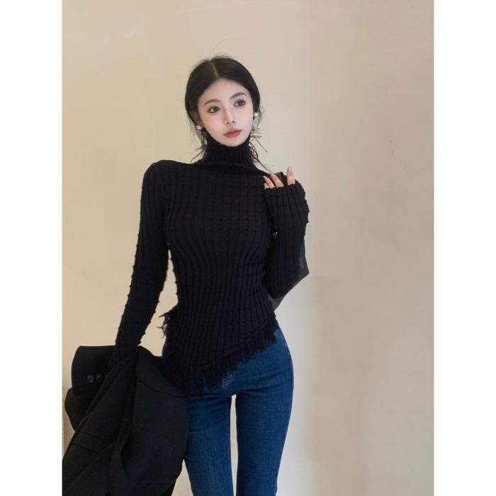 Tassel knitted bottoming shirt for women's autumn and winter, unique and chic design sense, niche inner turtleneck sweater, high-end top
