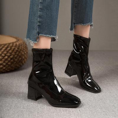 Brand Women Shoes 2024 New Black Patent Leather Fashion Square Toe Women's Boots  Thick Heel Ladies High Heel Ankle Boots