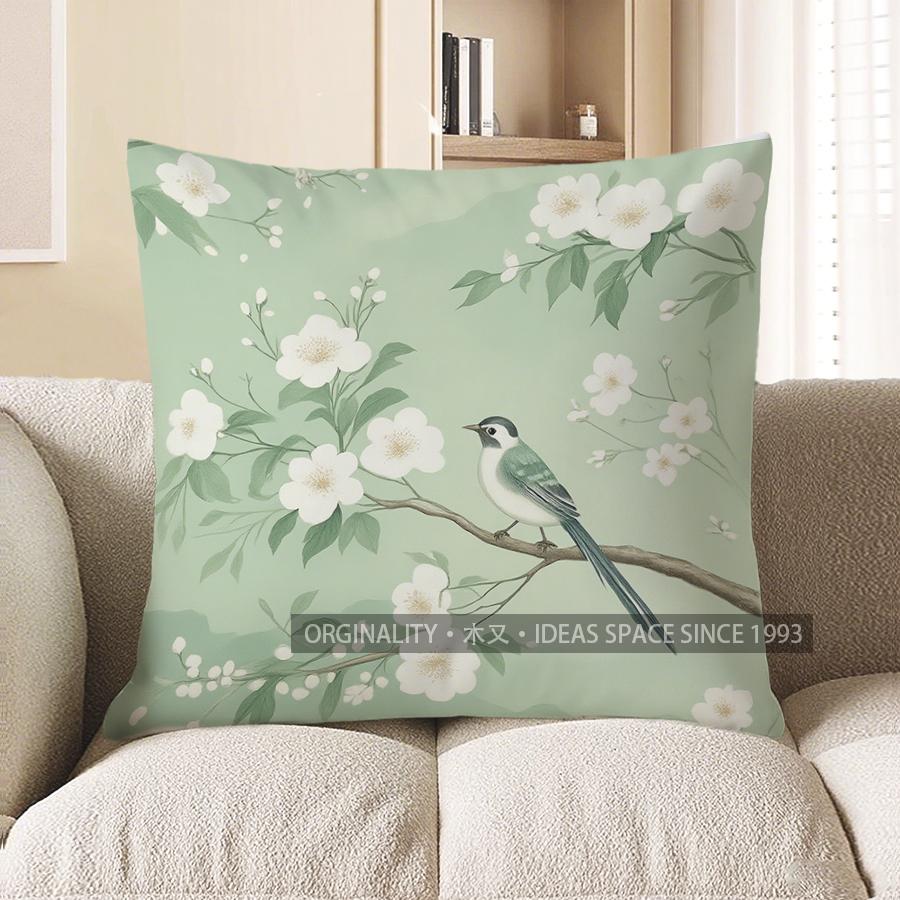 Home Decor Blue Birds and Floral Branch Decorative Pillow Pattern Cushion Cover Suitable for Sofa Bedroom Car Pillow Cover