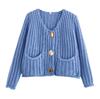 Women's Solid Color Single Breasted Double Pocket Cropped Chunky Knit Cardigan Jacket Sweater