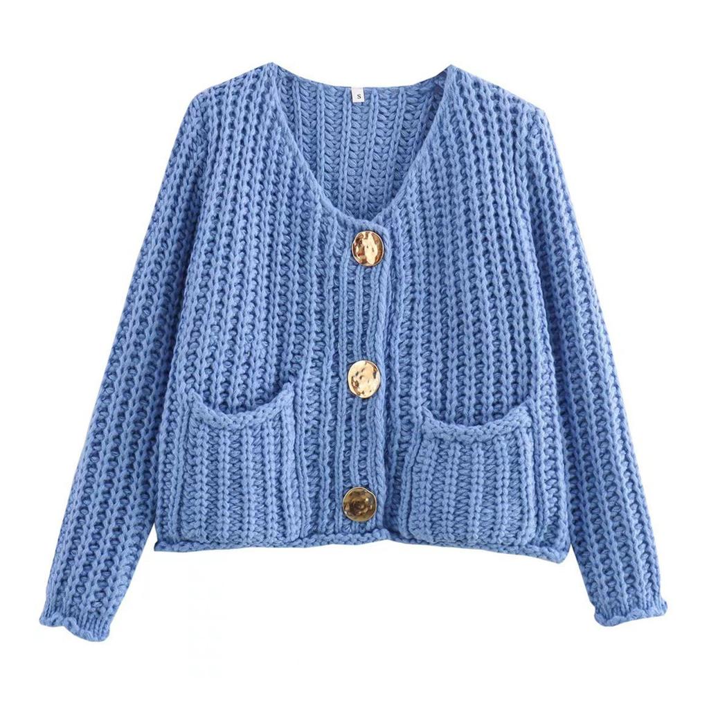 Women's Solid Color Single Breasted Double Pocket Cropped Chunky Knit Cardigan Jacket Sweater