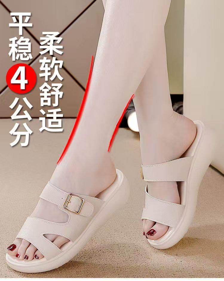 2025 summer new slippers women's summer outer wear wedge heel mother shoes platform comfortable women's shoes soft leather soft sole sandals women