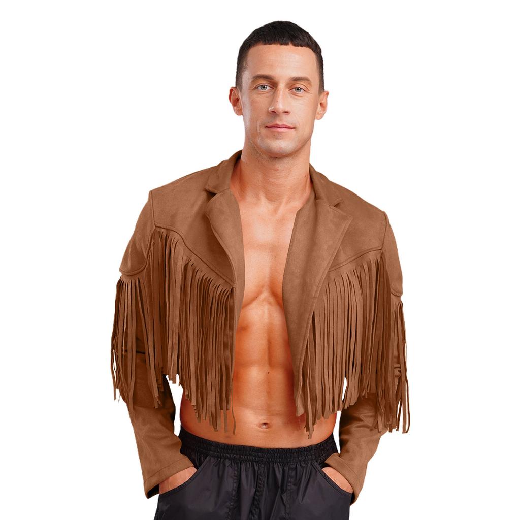 Herren Fransen Wildlederimitat Jacke Cropped Design Reverskragen Langarm Offene Vorderseite Strickjacke 80er Hippie Cowboy Stil