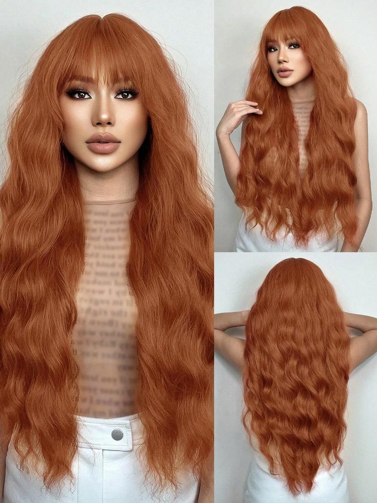 ALAN EATON Long Orange Synthetic Wig Water Wavy Wig with Bangs for Women Realistic Fake Hair Halloween Party Use Heat Resistant Cosplay Use