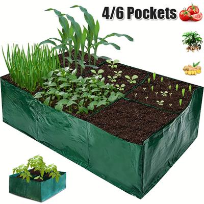 Saco de plantio de jardim com grades de partição 4/6, vaso de flores quadrado de PE com furos de drenagem, recipiente de plantio, saco de plantio