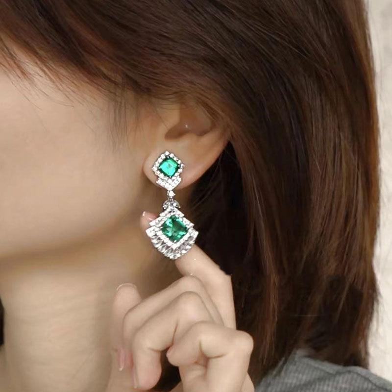 Retro Luxury Emerald Zirconia Stud Earrings with Micro-Set Diamonds - European & American Fashionable Design