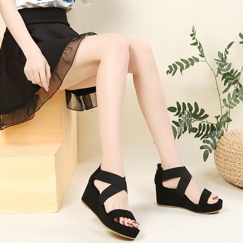 New Wedge Sandals for Women 2026 Summer Fashion Cross-strap One Word Roman Shoes Ladies Chunky Soled Back Zip Peep Toe Sandalias