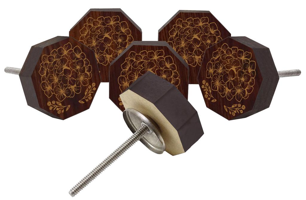 IBA Indianbeautifulart Brown Engraved Knobs Wooden Cupboard Door Knobs Pull Handle Pack of