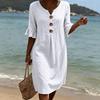 Vestido de Algodón y Lino para Mujer de Primavera y Verano con Botones Grandes y Volante