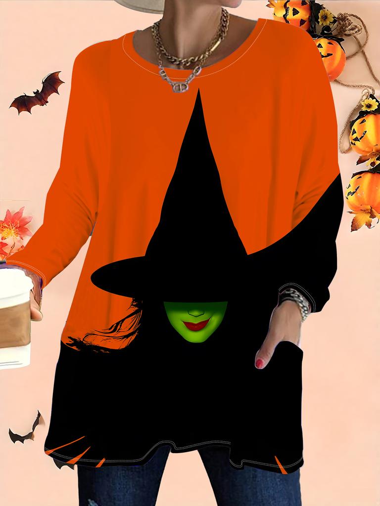 2025 Autumn Winter New Plus Size Women's Tops, Halloween 3D Print Fashion Crew Neck Long Sleeve T-Shirts