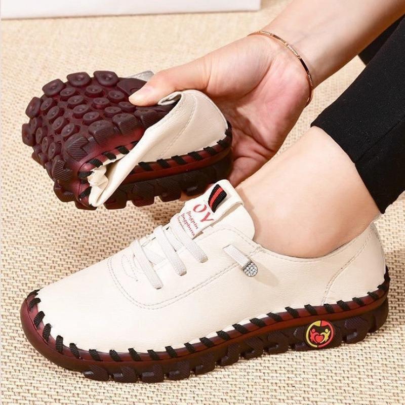 Plus Size Women's Hand Stitched White Shoes, Flat Casual Breathable Daily Slip On Flats