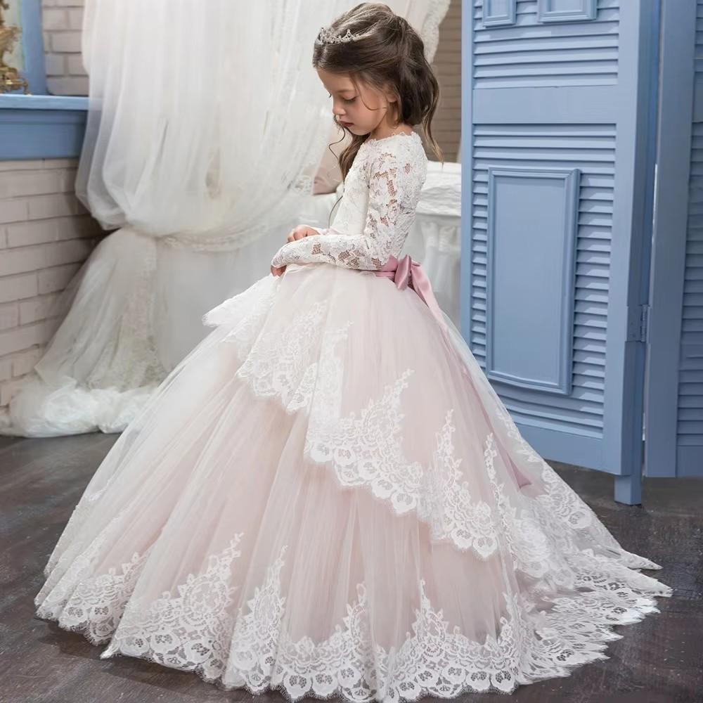 Light Pink Flower Girl Dress Quality Lace Applique for Wedding Ball Gowns Junior Bridesmaid Kids Birthday Party Princess