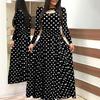Women Sexy Long Sleeve Floral Print Waist Tight Large Swing Full-length Dress