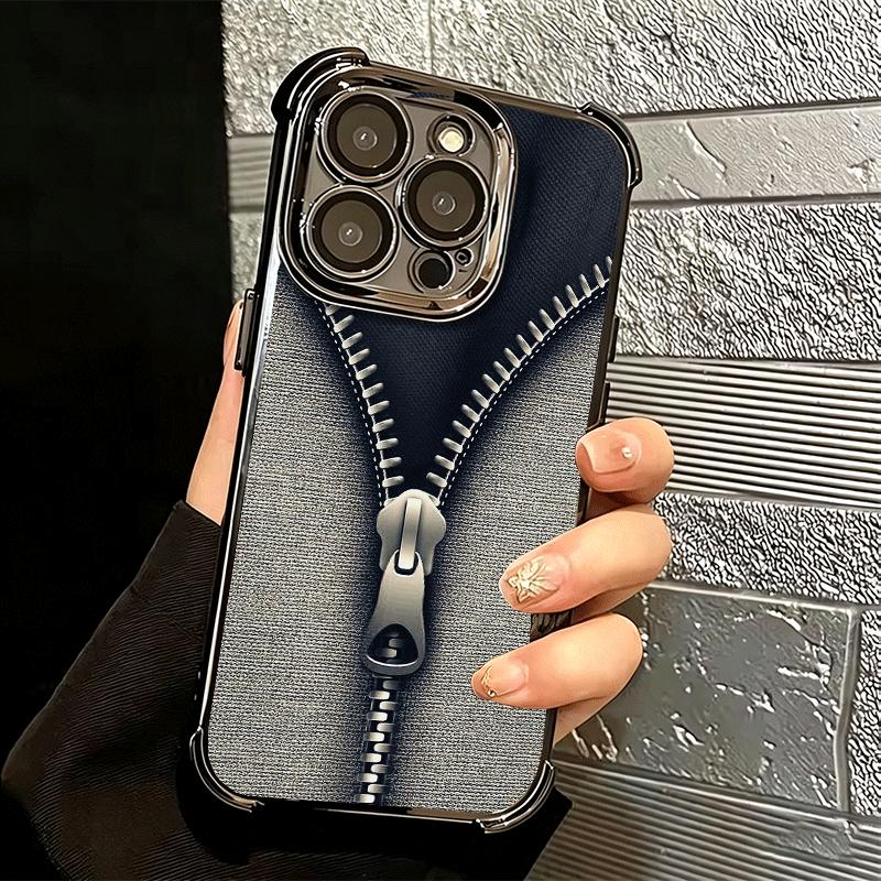 Retro Zipper Jeans Pattern Soft Phone Case For iPhone 15 16 17 Air 14 Pro Max 16E Plus 13 12 Mini Plating Anti-Fall Fundas
