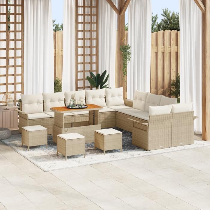 Canapés de Jardin 14 Pièces avec Coussins Beige Poly Rotin Acacia, Canapé de Jardin 2 Places avec Coussins Beige Poly Rotin, 3362201
