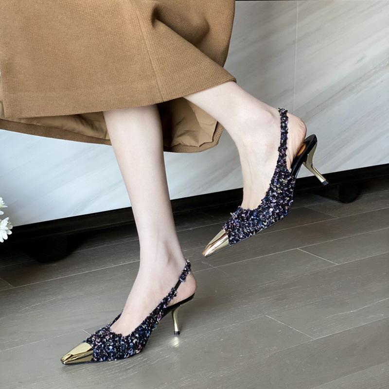 Fashion Luxury Designer Thin High Heels Women Sexy Metal Pointed Toe Heeled Sandals Summer Elegant Slingback Pumps Party Dress Shoes