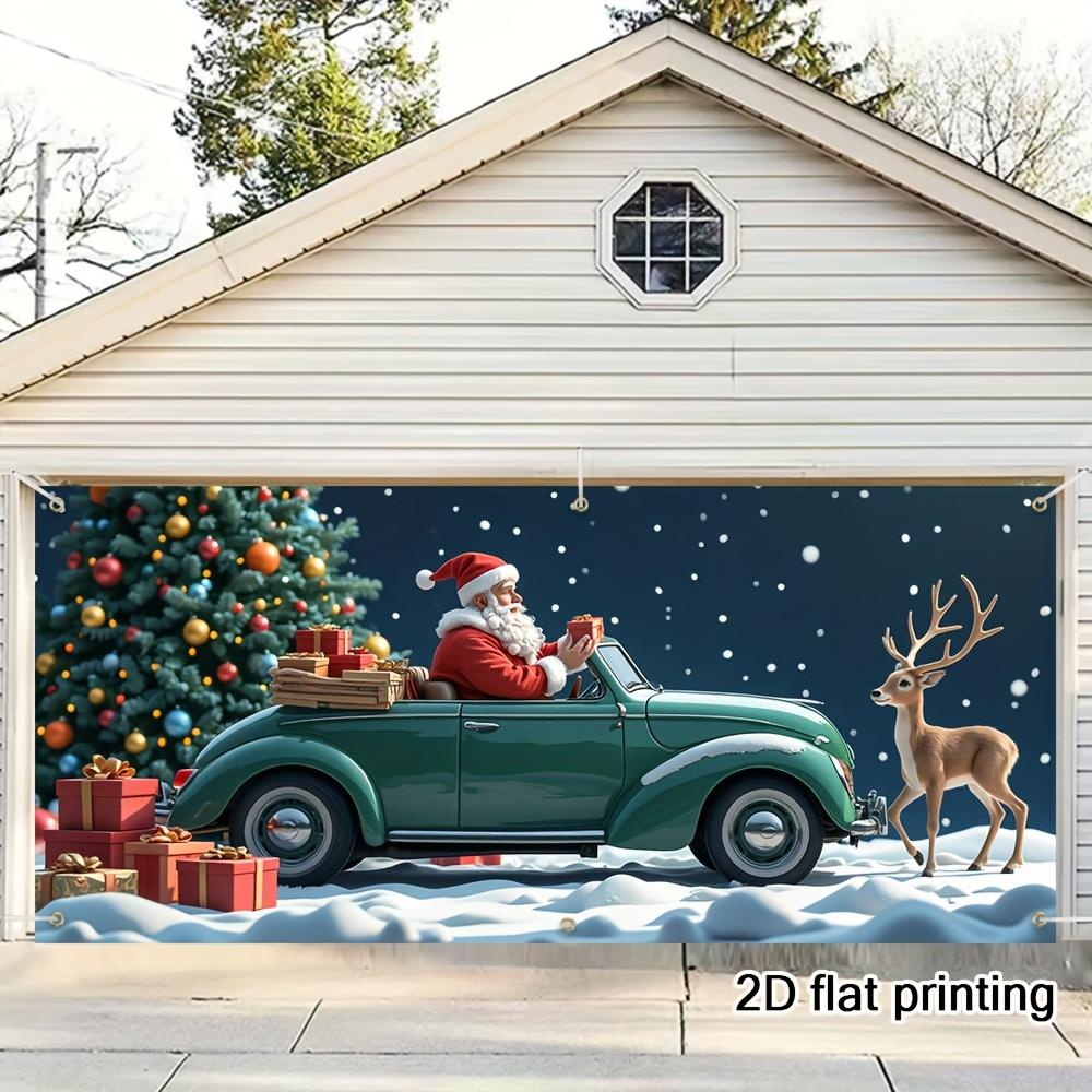 2D Door Curtain Banner 1 Piece Garage Banner - Santa Claus Gives Gifts In Retro Green Car with Deer Background Decoration