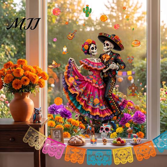 Celebration Accessories Day of The Dead Window Clings, Halloween Double-Sided Skull Sticker, Decals Colorful Flower Skeleton Static for Mexican House