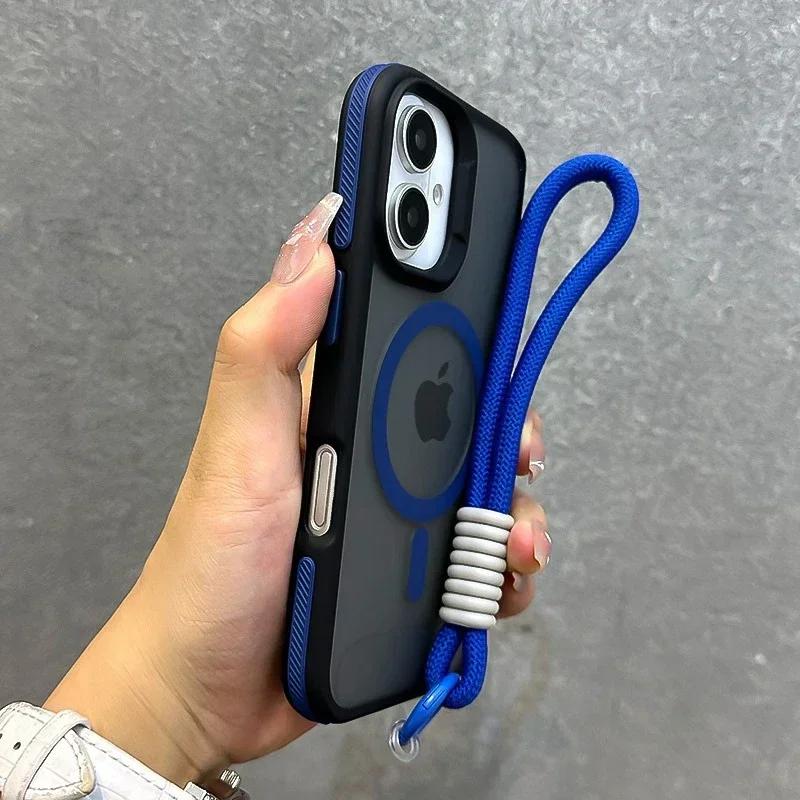 Luksusowe etui na telefon z smyczą, MagSafe, matowe, do iPhone 16 15 14 13 12 11 Pro Max 16 15 14 Plus, magnetyczny zderzak, tylne osłony