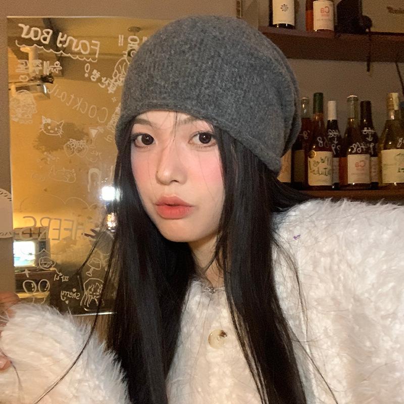 Contains Wool Cold Hat, Internet Celebrity Hat, Women's Autumn and Winter Plush Knitted Face, Small Pile Hat, Big Head Circumference, Headgear Hat